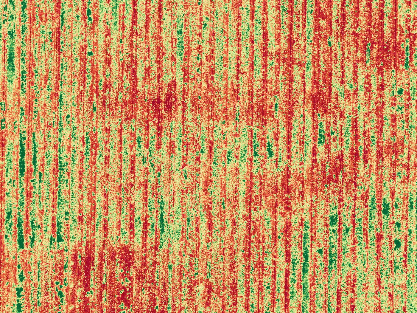 Multispectral relative-vigor map over vineyard rows, green high-vigor through orange lower-vigor zones.