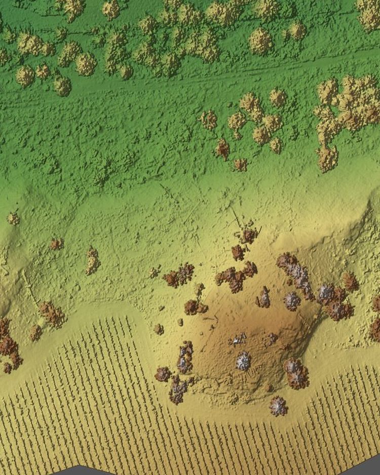 A terrain elevation surface in green and tan, the ground measured in 3D.