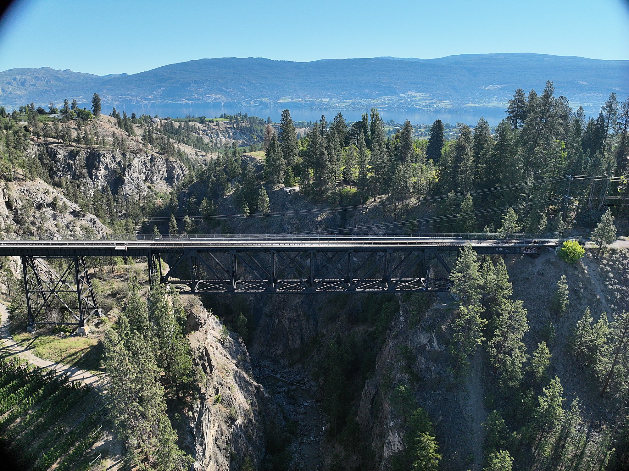 The Okanagan trestle bridge and treed canyon from the air, with the lake and valley behind, the kind of public asset an imagery program documents.