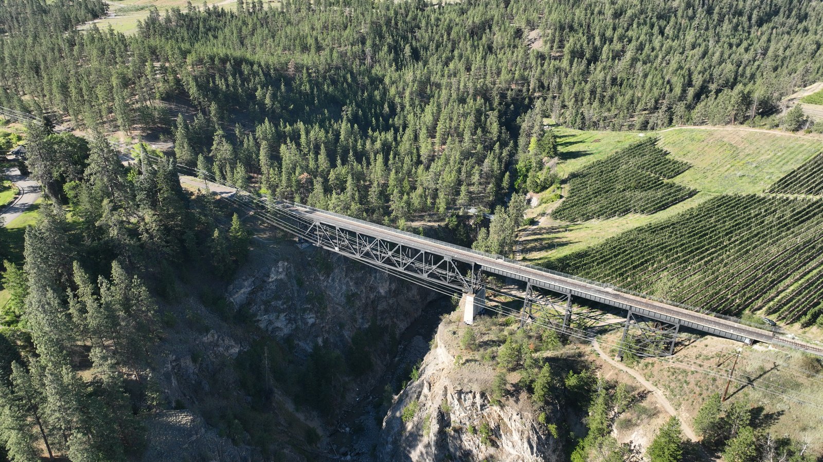 Aerial capture of a creek-and-bank corridor in the South Okanagan, surface relief along a shoreline, the kind of georeferenced base later change-detection flights register against.