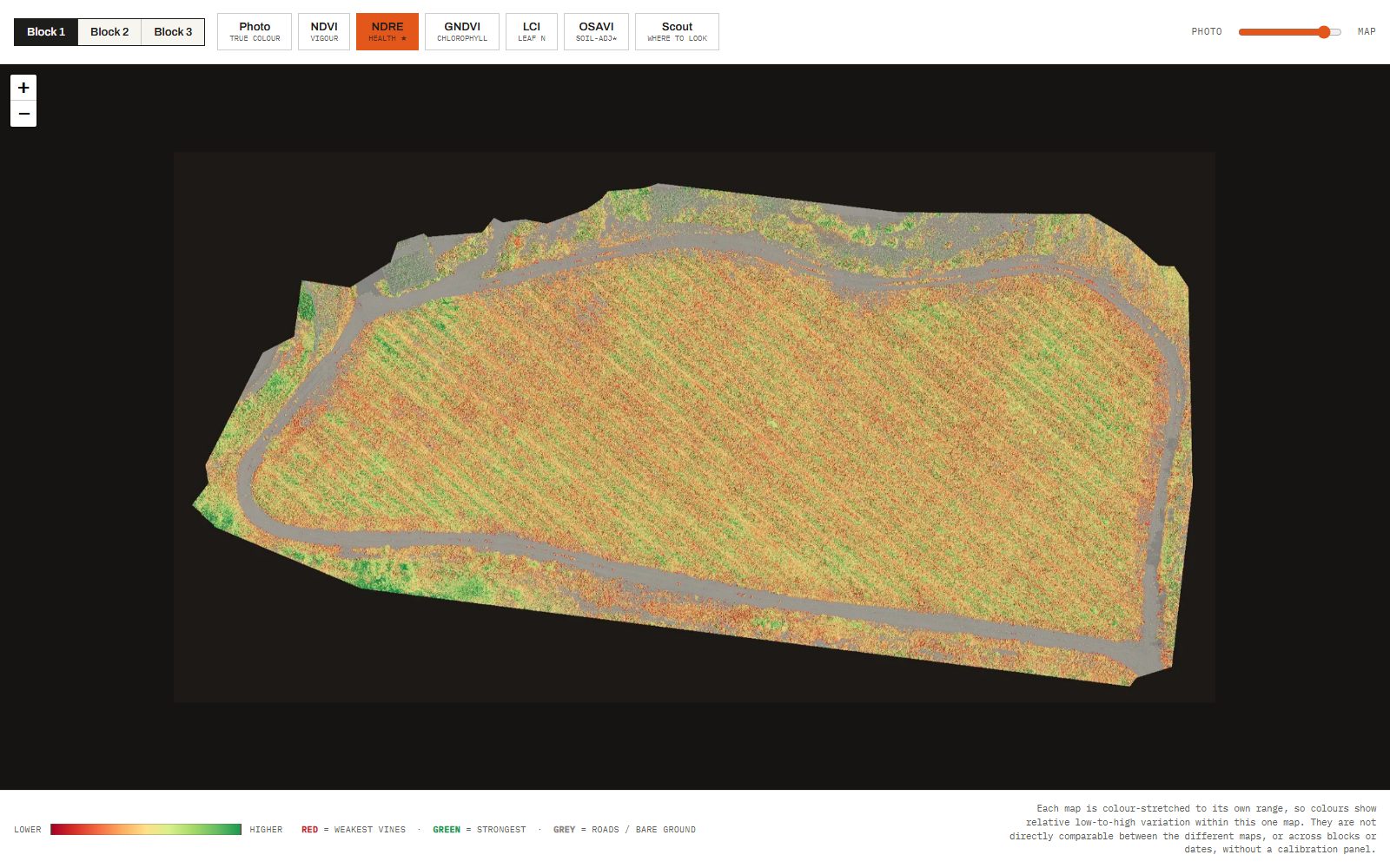 The live vineyard health viewer itself: the block picker and the row of map layers across the top, a relative-vigor map of one Summerland block filling the stage, and the colour legend below. Press the button to open it.